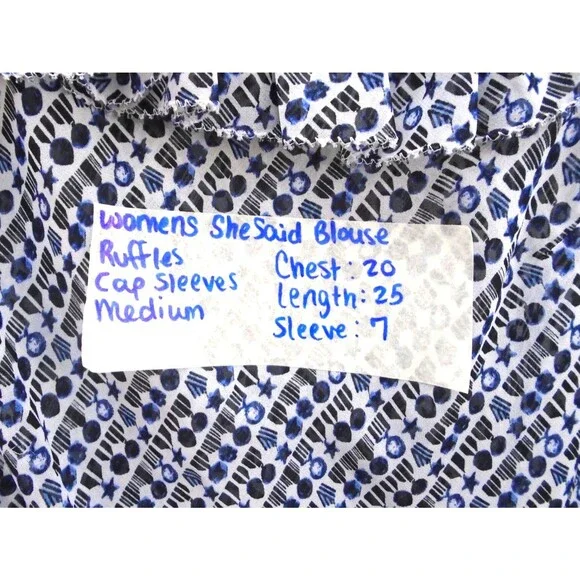 She Said Ruffle Womens Size M Short Sleeve Blouse Blue Shapes White - Picture 4 of 7